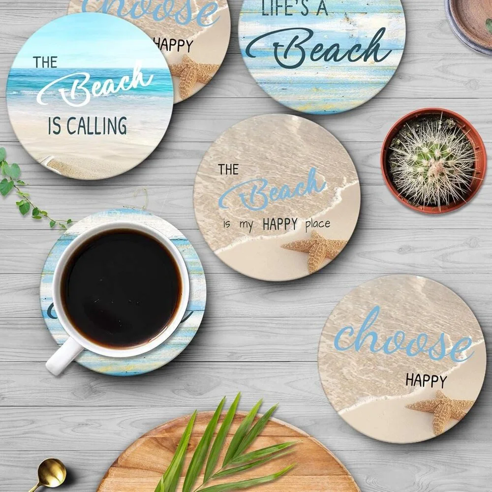 Coaster for Drinks Set of 6, Beach Shell Antique Teal Blue Table Absorbent Round